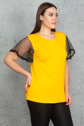 Şans Women's Large Size Yellow Lace Detailed Blouse 65n23383