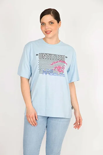 Şans Women's Blue Large Size Cotton Fabric Front Printed Blouse 65n36104