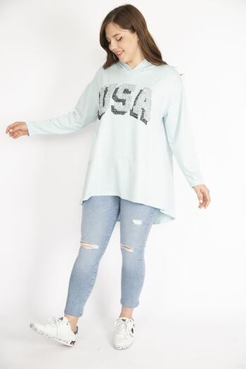 Şans Women's Baby Blue Large Size Sequin Detailed Hooded Long Back Sweatshirt 65n36431