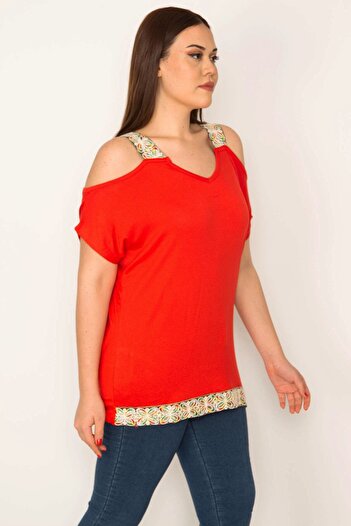 Şans Women's Large Size Red Shoulder Low-cut Strap and Hem Sequin Lace Detailed Blouse 65n22701