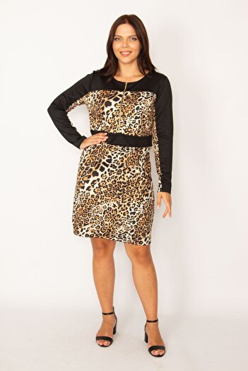 Şans Women's Plus Size Leopard Patterned Front Half Zipper Dress 65n34156