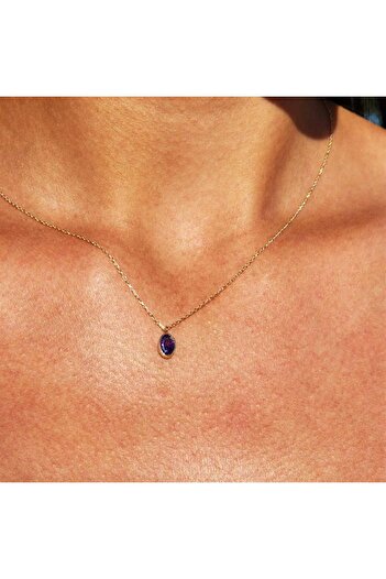 FasekGold Altın Kolye - 0.50 CT Safir (Mavi) Sade Minimal Tasarım 14 Ayar Altın Doğal Taşlı Kolye
