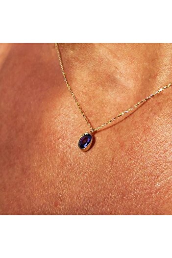FasekGold Altın Kolye - 0.50 CT Safir (Mavi) Sade Minimal Tasarım 14 Ayar Altın Doğal Taşlı Kolye