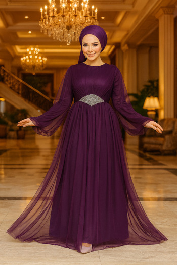 Neva Style Βραδινό φόρεμα Hijab από τούλι Plum 54230μ