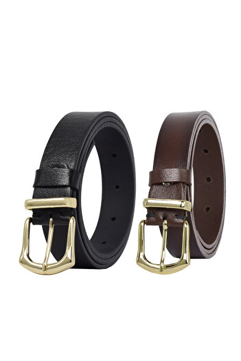GoDeri 100% Genuine Leather Gold Buckle, Metal Bridge Set of 2 Black, Dark Brown Women's Belt, 3 Cm=42gld