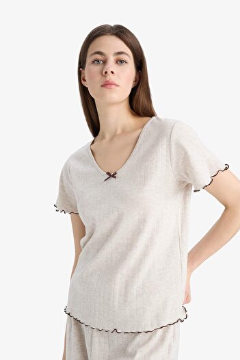 DeFacto Pijama Takımı Kısa Kollu Üst Beli Lastikli Uzun Alt-Fall in Love E9229AX25SP