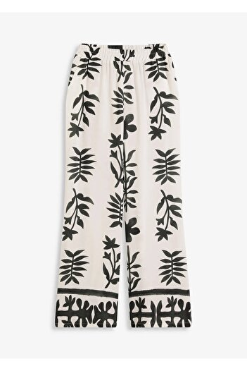 Şans Women's Plus Size White, Black Printed, Elastic Waist Viscose Trousers 65N39007