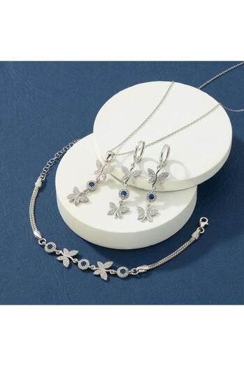 Gümüş Pazarım Safir Taşlı Kelebek Motifli Gümüş Set