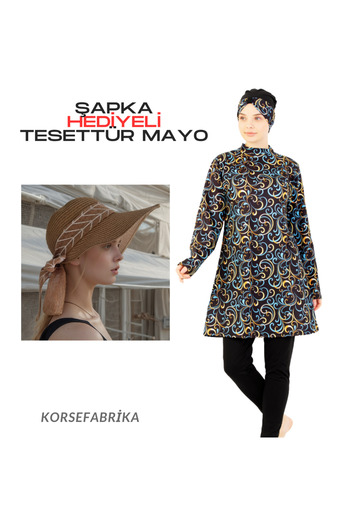 korsefabrika trend mood store Wide-Fitted Patterned Long Tunic Bra with Hat Gift Water-Repellent Quick Drying Stylish Tightness Swimsuit