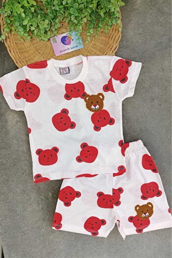 dinamik çocuk 2-Piece Embroidered Top and Bottom Set for Boys and Girls - Thin Short Sleeve Summer Set with Teddy Bear