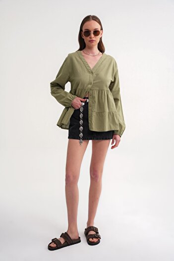 Mixray 4637 Women's Folded V-Neck Summer Linen Shirt Çağla