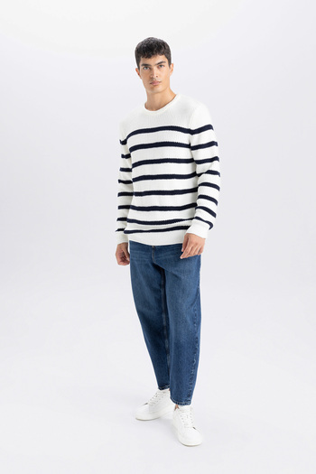 DeFacto Gestreifter Pullover mit Rundhalsausschnitt, Standard-Passform B0546ax23wn