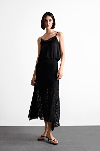 DeFacto Elastic Waist Maxi Asymmetrical Black Lace Skirt F8041Ax25Sm