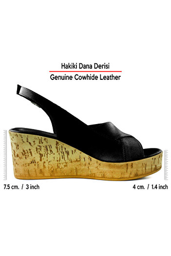 Erkan Saçmacı Luna Black Genuine Calfskin Cross Strap Cork Sole Look Wedge Heeled Sandals