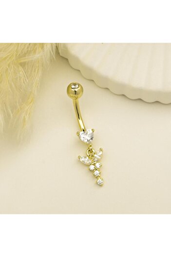 Dianora Piercing 14 Ayar Altın Kalp Taşlı Sallantılı Göbek Piercing