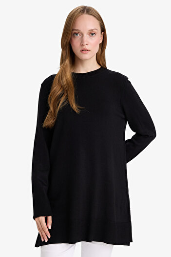 DeFacto Regular Fit Bisiklet Yaka Yırtmaçlı Basic Düz Triko Kazak Tunik H3431az23wn