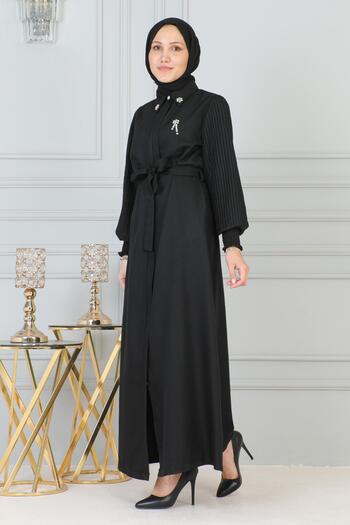 Modamihram Black Ferace - με Stone Detail and Zipper 19208