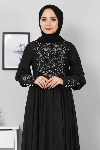 Modamihram Lace Detailed Evening Dress Black 10803