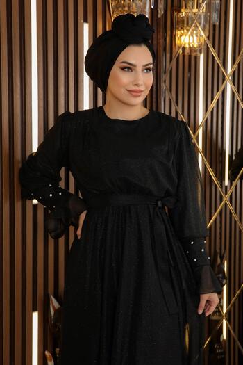 Modamihram Stone Detailed Glitter Chiffon Evening Dress Black 19113