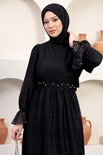 Modamihram Pearl Detailed Lace Evening Dress Black 12239