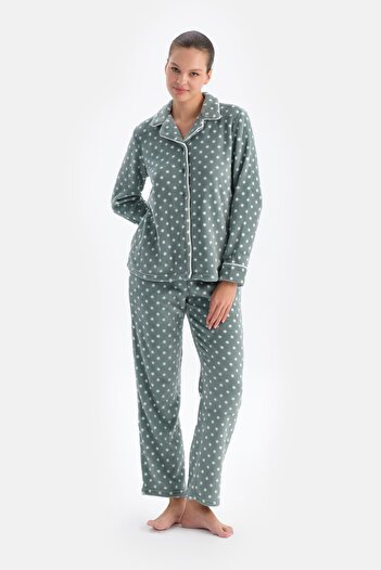 Dagi Light Gray Polka Dot Fleece Shirt Pants Pajama Set