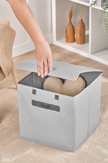 Serstil Gray Spotted under Cabinet Laundry and Toy Organizer Folding Storage Box with Lid 30X30X30Cm