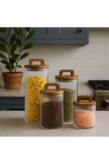 AROW Set of 4 Acacia Vacuum Lid Borosilicate Glass Jars