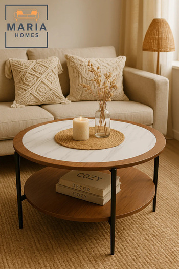 MARIA HOMES Center Table White With Marble Style Top And Walnut Round Coffee Table With Dual Shelf