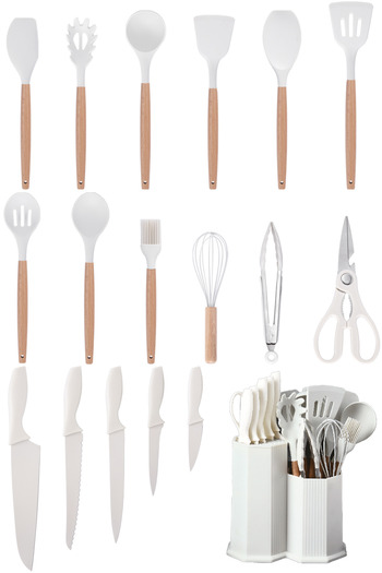 valletta Legolas 18 Piece Heat Resistant Silicone Fireproof Non-Stick Serving Set with Stand White