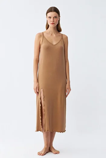 Akbeniz Women's Rope Strap Slit Long Milk Coffee Nightdress 90119