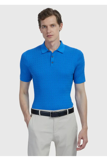 Ramsey Blue Polo Neck Jacquard Cotton Blended Knitwear