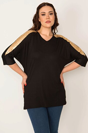 Şans Women's Large Size Gold Sequin Detailed V-Neck Capri Sleeve Viscose Blouse 65n32086
