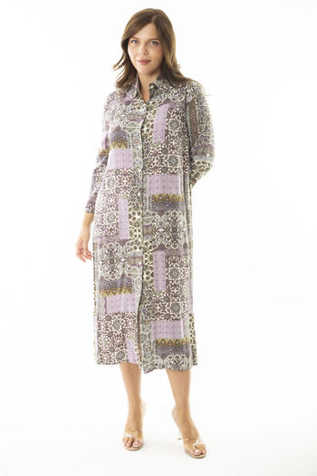 Şans Women's Plus Size Lilac Woven Viscose Fabric Front Buttoned Long Dress 65N36473