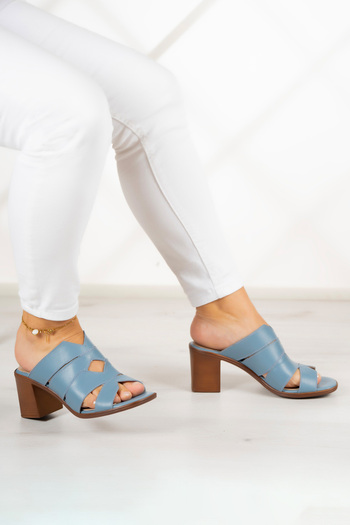 Erkan Saçmacı Bianca Blue Genuine Calf Leather Open Front Cutout Detailed Thick Heeled Daily Slippers