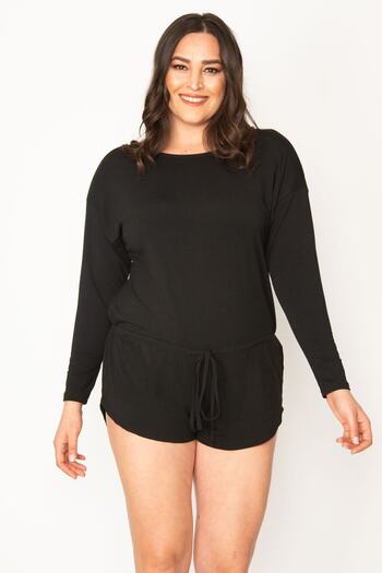 Şans Women's Large Size Black Viscose Shorts Jumpsuit 65n30455