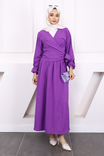 İmajButik Purple Tie-Up Wrap Blouse Skirt Set