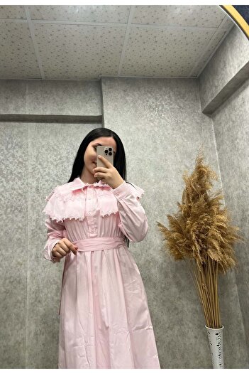 Aynaz 25Y130023 ELBİSE BEBE YAKA DANTEL İŞLEMELİ YARIM DÜĞME KAPAMA PEMBE