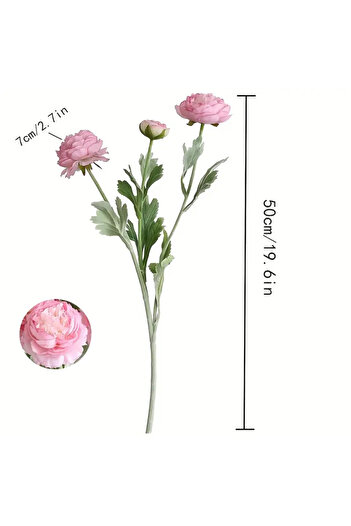 Yapay Çiçek Deposu Yapay Çiçek 3lü Şakayık Ranunculus Dalı 50 cm Pembe