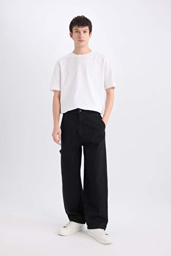 DeFacto 100% Cotton Skater Fit Wide Fit High Waist Wide Leg Black Jean Pants E6335Ax25Sp