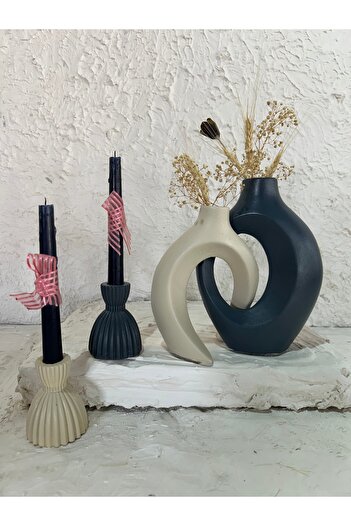 Zigzag Home Decorative Bohemian Style Dear Ivy Vase and Damask Candle Holder Set Figurine Vase Set Anthracite Beige