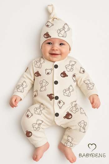 BABYDEN'S Ecru Teddy Bear Patterned 100% Cotton Ribbed Buttoned Baby Jumpsuit & Hat Set |   Cuffed Leg |   Unisex