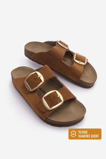 Marjin Women's Genuine Leather Daily Slippers Double Banded Slippers Eva Sole Poly Tan