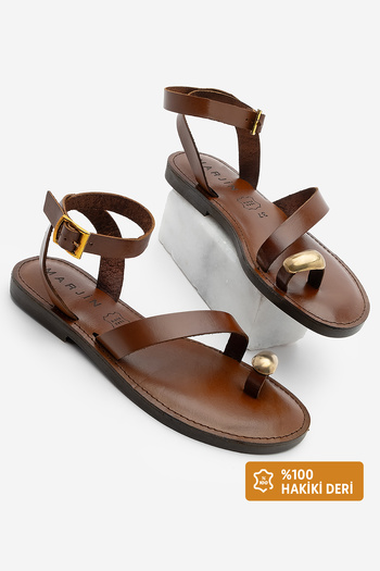 Marjin Women's Genuine Leather Buckle Ankle Strap Daily Sandals Rinat Tan