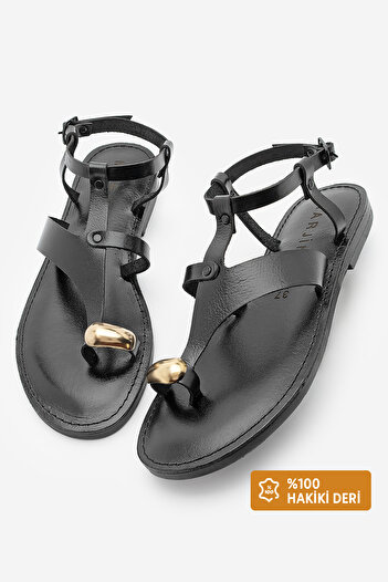 Marjin Women's Black Grated Leather Casual Sandals