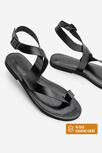 Marjin Genuine Leather Women's Sandals - Flip Flops, Ankle Strap, Casual Black Vedor