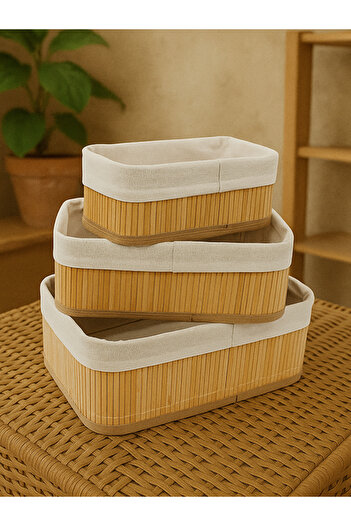 Forever İç Astarlı MDF Taban 3'lü Doğal Bambu Sepet Organizer