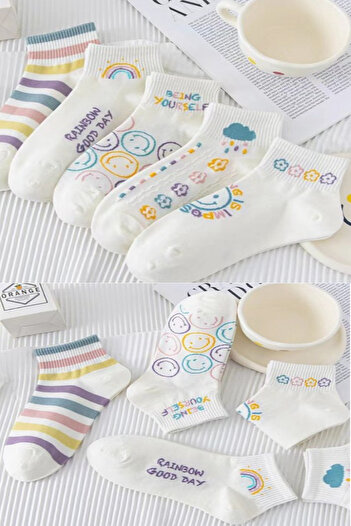 Esinti 5 Pairs Women's Ankle Length Pastel Colored Rainbow Patterned Booties Socks Set 5 Pieces