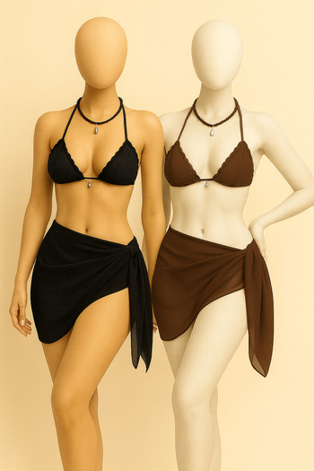 voops 2 τεμάχια Beach Pareo Tulle Μαύρο και Καφέ με Overlock Edge 150x50