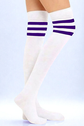 KARDEŞLER ÇORAP White Knee High Cotton Socks with Purple Stripes