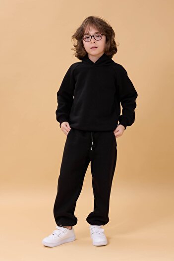 Perendi Reglan Kol Kapüşonlu İçi Polarlı Unisex Çocuk Takım Siyah